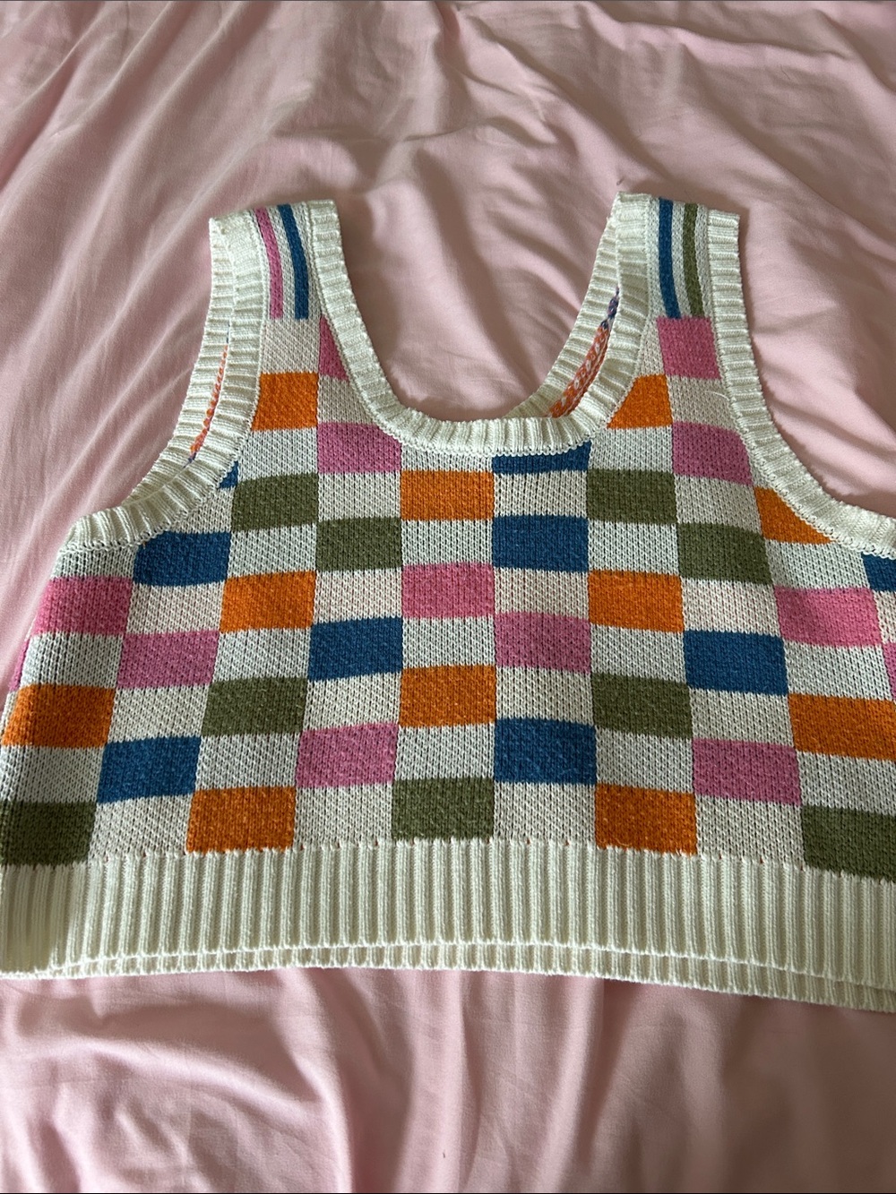 Cream Multicolor Checkered Knit Sweater Tank